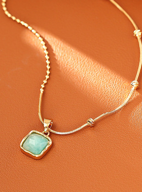 森系蓝色水晶吊坠锁骨链清新