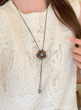 【蜜桃茶】中古花筏 复古文艺风木质小花串珠女长款挂脖项链配饰