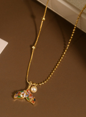彩色锆石多巴胺鱼尾珍珠吊坠项链配饰女轻奢小众毛衣链感饰品