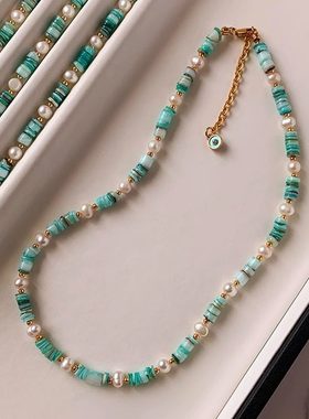 巴洛克异形淡水珍珠项链小清新绿色贝壳颈链女简约气质网红锁骨链
