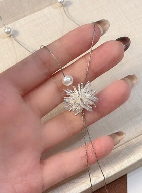 时尚百搭银色烟花珍珠流苏项链轻奢感长款可抽拉毛衣链颈链