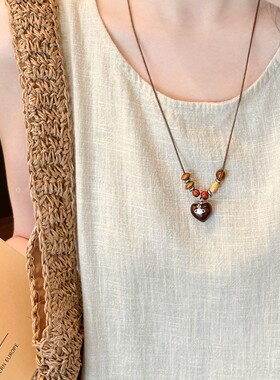 复古木质串珠吊坠项链女小众设计感民族风配饰时尚长款百搭毛衣链