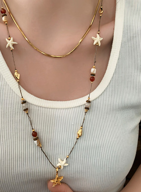 海星吊坠天然石串珠项链配饰女复古长款毛衣链轻奢小众感饰品