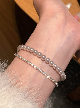 双层叠戴锆石手链女轻奢小众曼塔玫瑰珍珠手串感串珠手饰