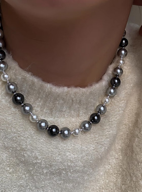 大溪地混色珍珠项链女秋冬配饰毛衣链轻奢感小众设计颈链饰品