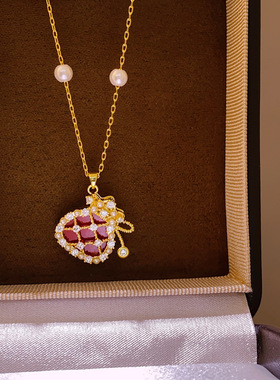 新中式微镶红色福袋珍珠串珠项链女秋冬轻奢感毛衣链气质配饰