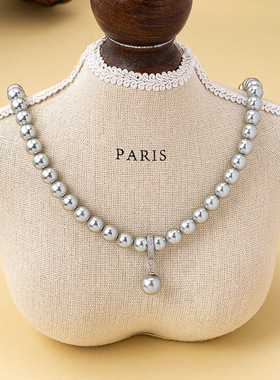 灰色施家海贝珠长款串珠项链女法式轻奢小众项链叠戴毛衣链多戴款