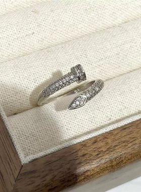 闪钻几何蛇形钉子开口戒指女个性冷淡风设计感独特百搭食指戒指环