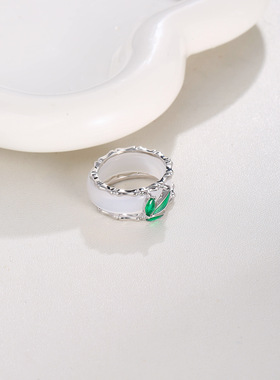 两件套绿竹叶白玉髓竹节一款两戴闭口指环戒指小众高级轻奢食指戒