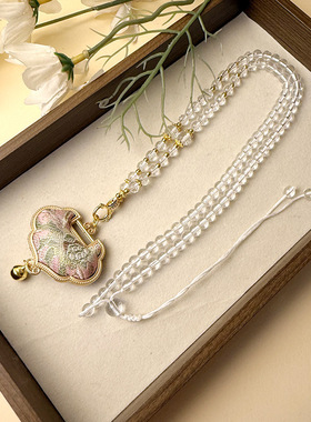 国风款宋锦平安锁毛衣链长款水晶链条铃铛新中式双面如意锁项链