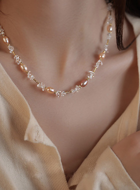 白水晶粉紫色米粒淡水珍珠项链配饰秋冬女串珠时尚新中式锁骨颈链