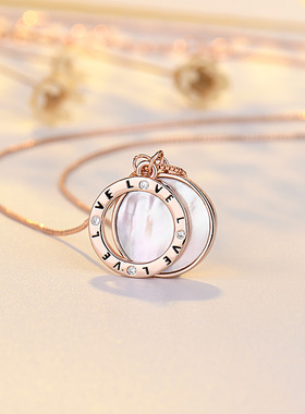 跨境爆款双环项链女白贝母镶钻锁骨链直播货源镀纯银圆环吊坠饰品