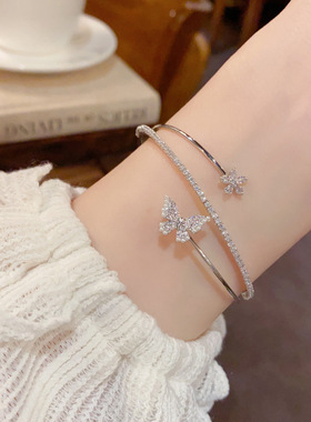 小众精致时尚百搭锆石花瓣蝴蝶开口手镯气质轻奢高级感超闪手环女