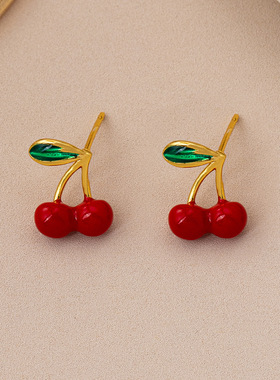 欧美跨境新品简约可爱风小樱桃滴油吊坠项链耳环红色滴釉樱桃套装