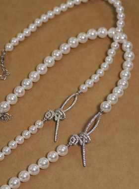 丝带玫瑰结珍珠项链配饰女小众秋冬毛衣链轻奢感串珠颈链饰品