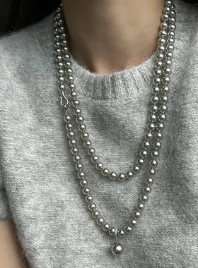 银灰色珍珠项链配饰女长款毛衣链轻奢小众感串珠叠戴颈链饰品