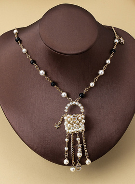 小香风施家珍珠包包项链金色数字5五角星感法式轻奢毛衣链