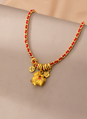 时尚经典复古百搭个性沙金小马吊坠红绳编织项链锆石镶嵌感