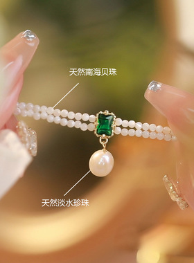 天然贝珠项链女生感百搭锁骨链双层串珠简约绿色颈链饰品