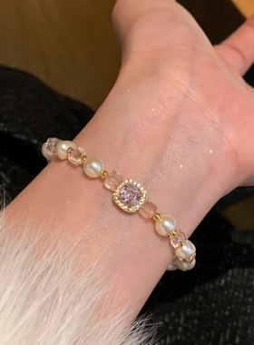金粉影水晶锆石方糖珍珠手链轻奢感手串女生小众秋冬串珠手饰