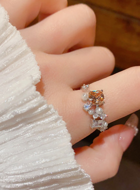 法式轻奢百搭高级感镶钻珍珠方钻开口戒气质时尚复古简约食指戒女