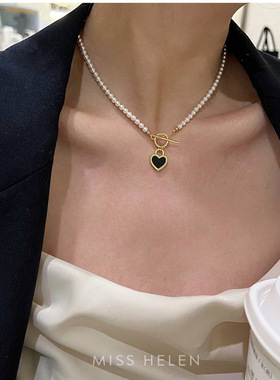 极速新品黑白桃心l颈炼 施家珍珠项炼爱心吊坠锁骨链OT扣设计爱心
