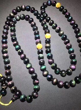 新品天然双彩虹眼黑曜石手链男士女情侣款单圈多圈10Y8颗佛珠手串