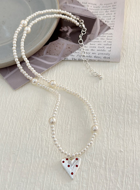 极速小众设计感珍珠粉钻爱心项链A 甜酷辣妹桃心吊坠珍珠颈炼 珍