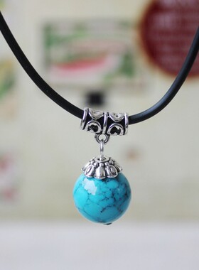 极速厂家云南民族风饰品简约单珠松石吊坠锁骨O链皮绳短项链女款X