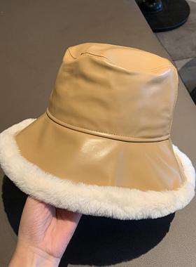 极速Winter Bucket Hats Women PU LeathHer Thick Warm Fisherma