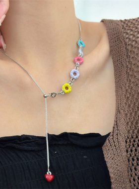 极速新款彩色甜甜圈圆形项链女 小众设计夏O季个性时尚甜酷风抽拉