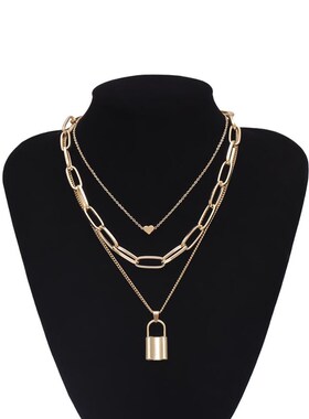 极速Hip Hop Multi Layers chain Anecklace with heart lock wom
