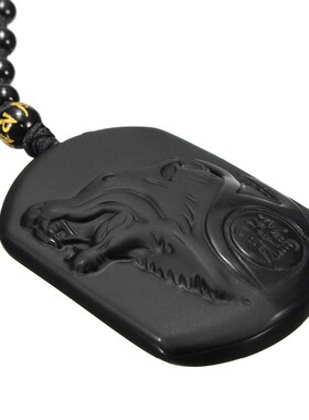 极速Natural Black Obsidian Carving WolfK Head Amulet Pendant