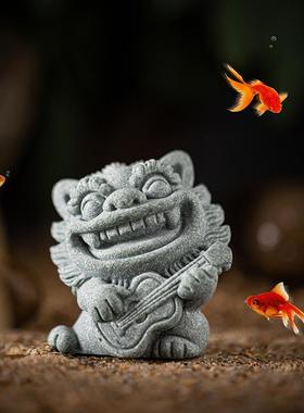 创意麦霸吉他可爱小狮子茶宠摆件国潮风狮爷鱼缸造景客厅桌面装饰