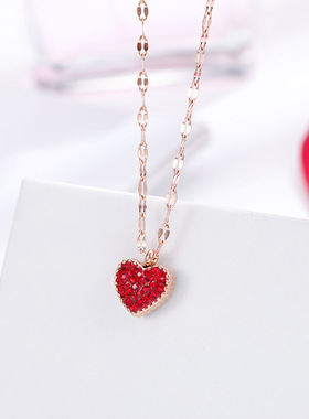 极速韩版钛钢玫瑰金潮流黑红双面爱心项链时N尚轻奢心形满钻锁骨