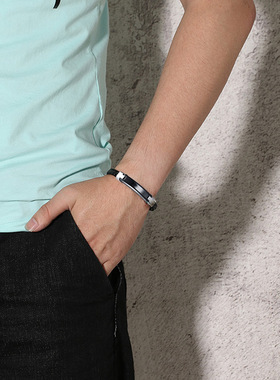 极速简约百搭男士热卖手镯空白可刻字钛钢弯牌真皮S黑色生日礼物B