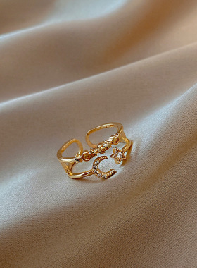 极速镶钻星月戒指女ins潮小众设D计食指戒指时尚个性气质网红开口