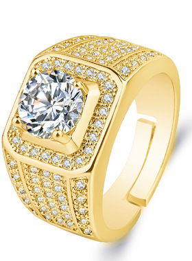 极速霸气满钻闪耀男戒指 大裸钻羣镶锆石仿莫U桑钻订婚结婚戒