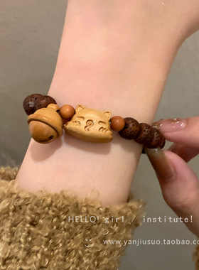 极速招财猫咪檀i木菩提子手串女款复古新中式小众设计铃铛手錬盘