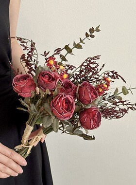 极速仿真花假花摆设客厅餐桌花花卉装饰摆L件焦边玫瑰绢花插花瓶