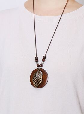 民族风手工叶子圆木项链女文艺日系复古长款毛衣链棉麻服装小配饰