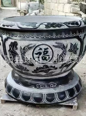 石雕门海青石鱼缸仿古法养鱼庭院装饰摆件工艺品圆形雕刻大水缸