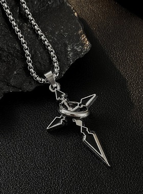 超配学生风~黑色圆环十字架项链