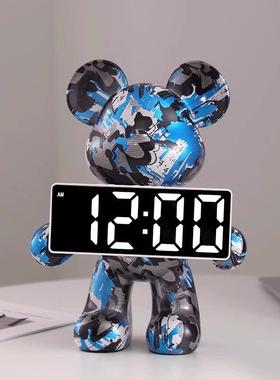 轻奢暴力熊时钟摆件台式钟表装饰品LED显示屏数子电子钟乔迁礼品