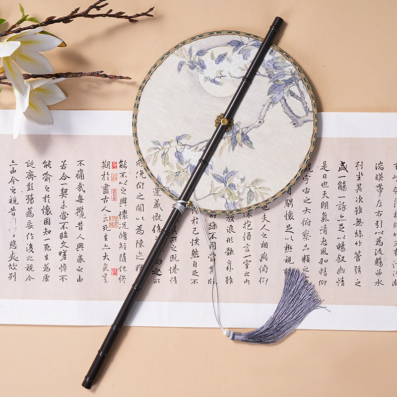 中国风小清新梨花印花紫竹长柄流苏可折叠腰扇卷曲折扇便携挂腰扇,淘宝优惠券,粉丝福利购,淘宝优惠卷