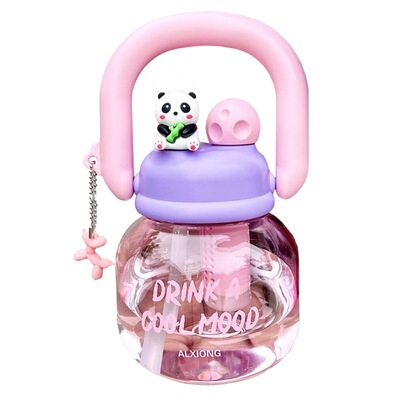 可爱双饮大肚水杯带吸管手提水壶学生便携夏天大容量塑料杯子超萌