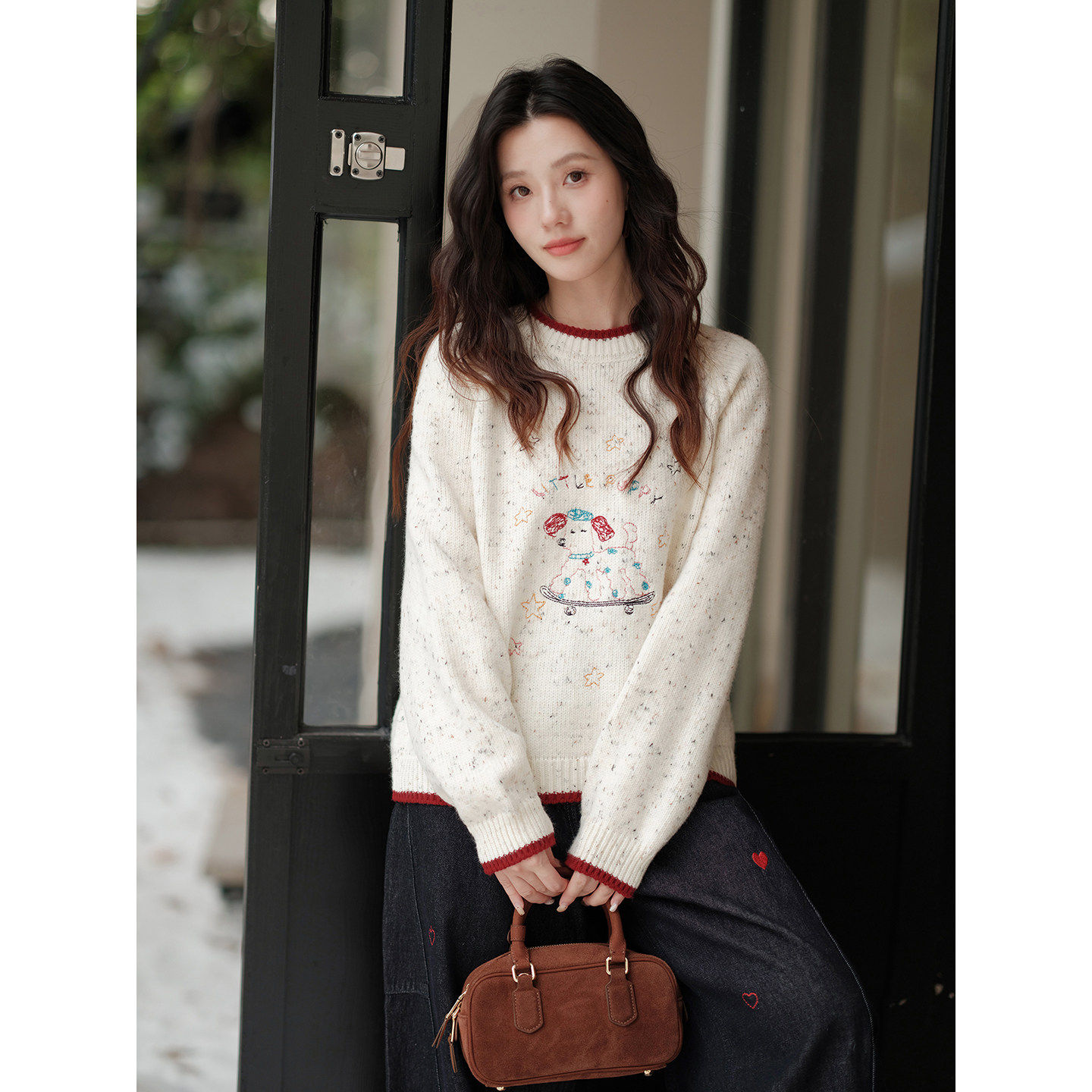 木易易圣诞氛围感毛衣宽松内搭上衣女冬季卡通刺绣撞色小狗针织衫,淘宝优惠券,粉丝福利购,淘宝优惠卷