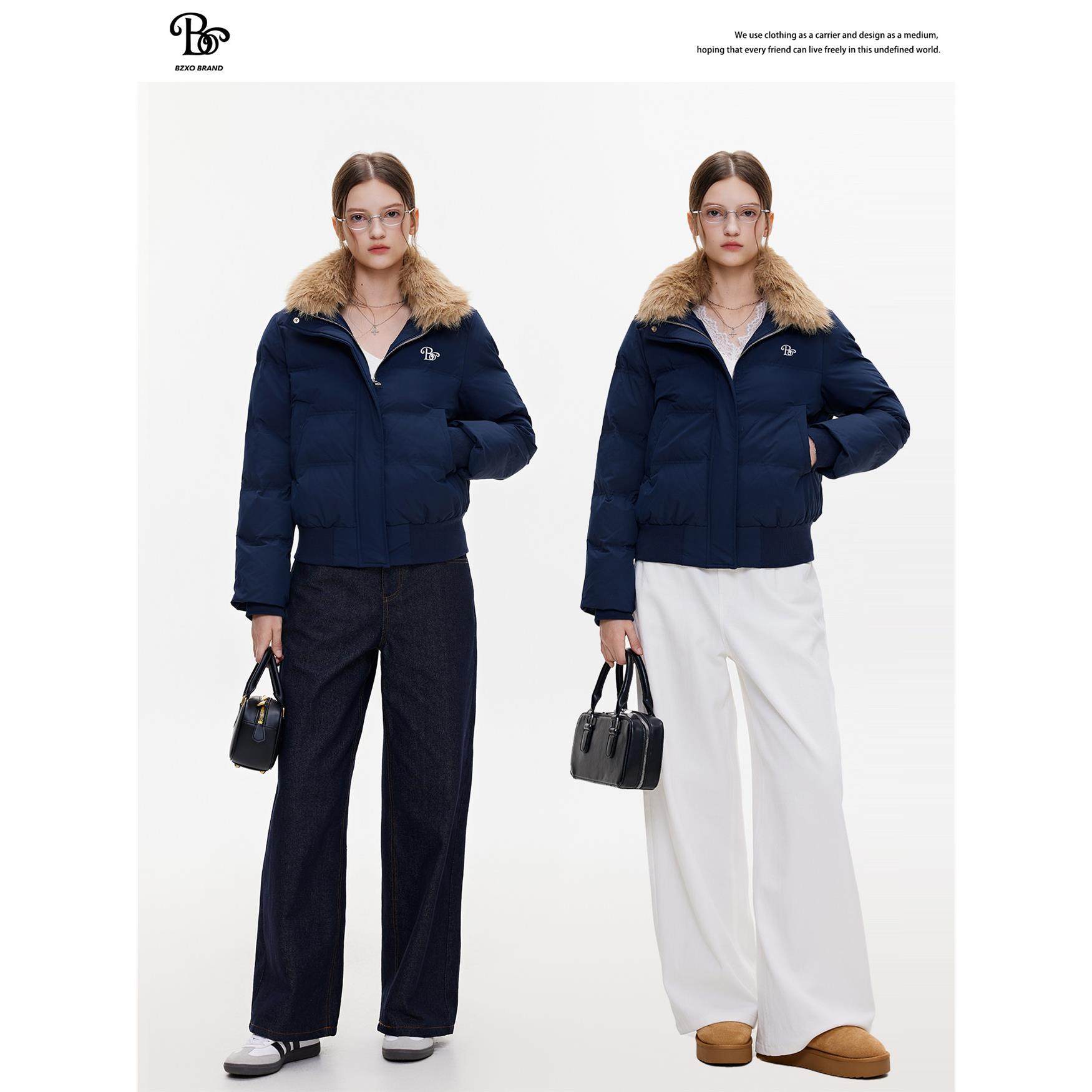 BZXO简约刺绣藏青色大毛领棉衣女冬季新款加厚绒宽松短款棉服外套,淘宝优惠券,粉丝福利购,淘宝优惠卷