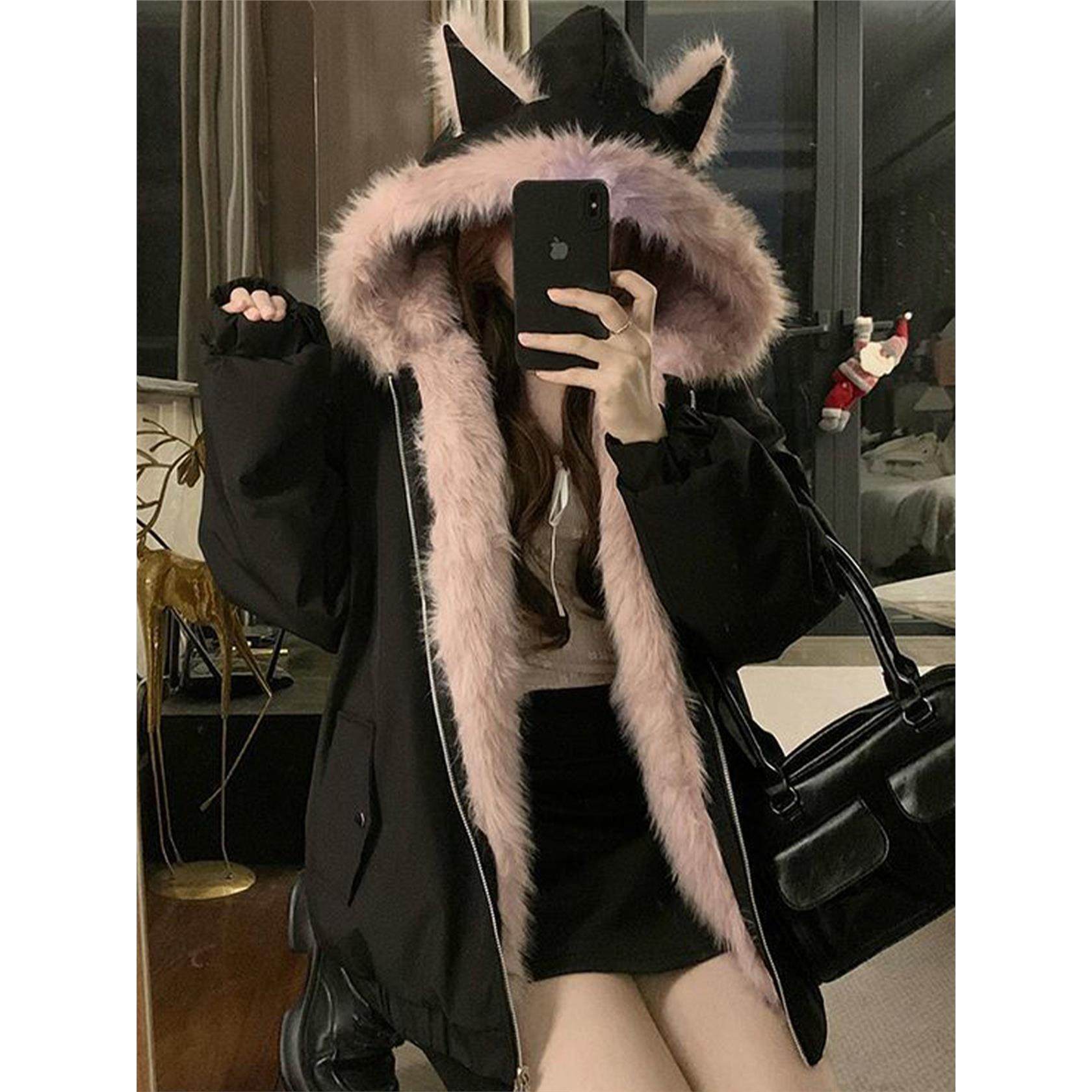 大码女装胖mm双面穿毛绒棉服外套女冬季黑色休闲百搭连帽夹克上衣,淘宝优惠券,粉丝福利购,淘宝优惠卷