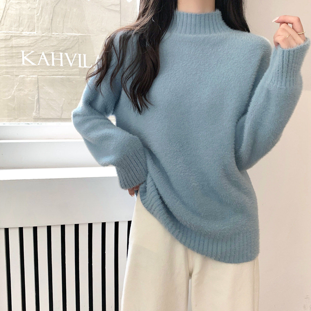 水貂绒毛衣女加厚秋冬气质保暖加绒内搭慵懒宽松半高领打底针织衫,淘宝优惠券,粉丝福利购,淘宝优惠卷